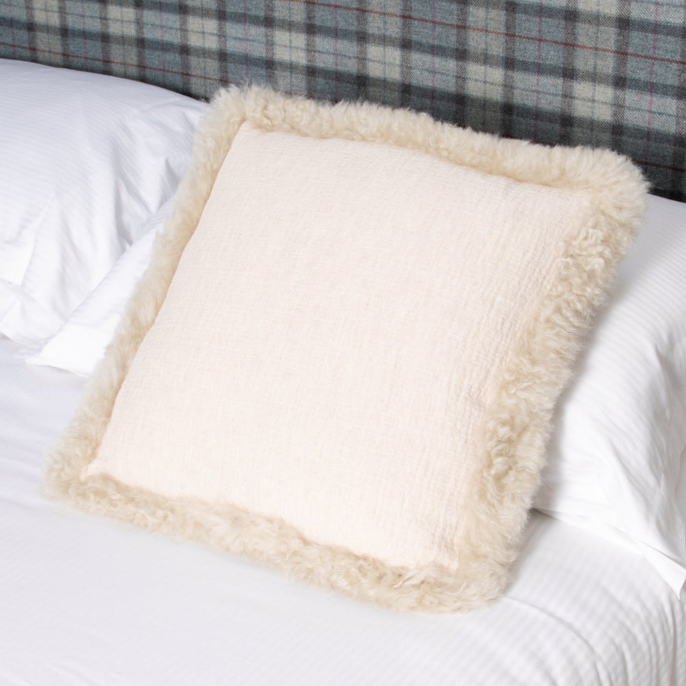 Beige Linen Cushion Sheepskin Trim 45x45cm