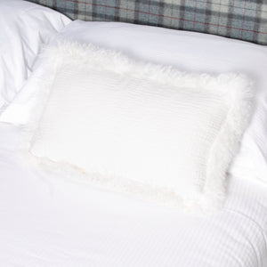 White Linen Cushion Sheepskin Trim 30x50cm