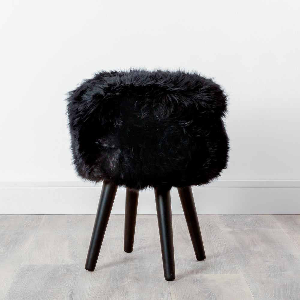 Black Sheepskin Wood Stool - Black