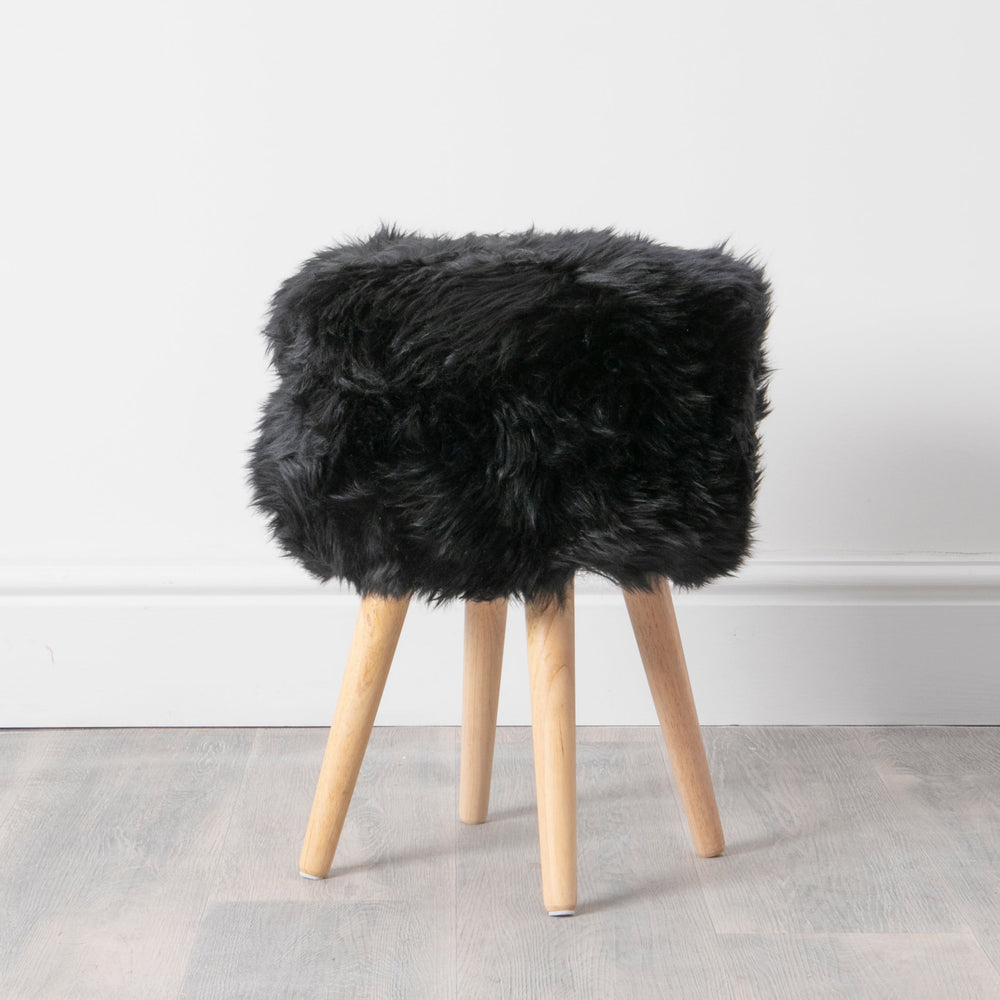 Black Sheepskin Wood Stool - Light Wood