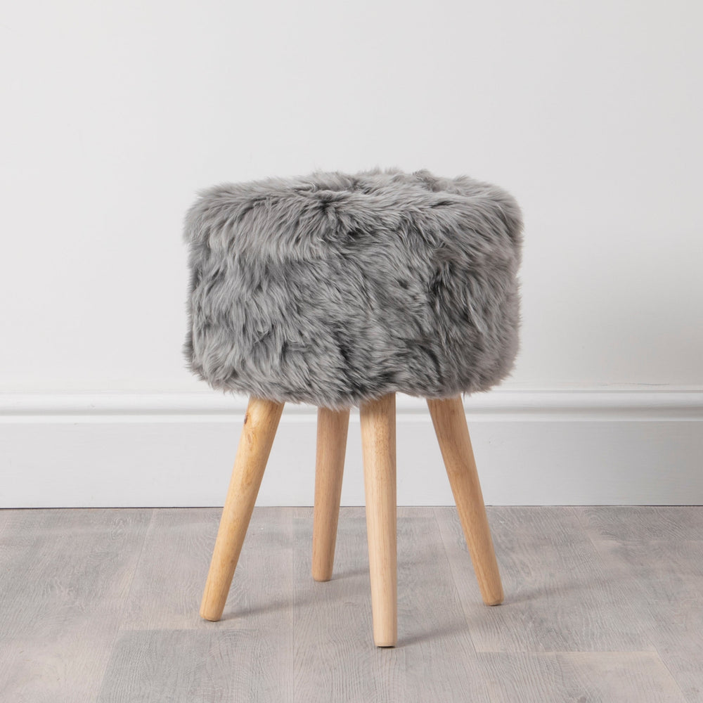 Grey Sheepskin Wood Stool - Light Wood