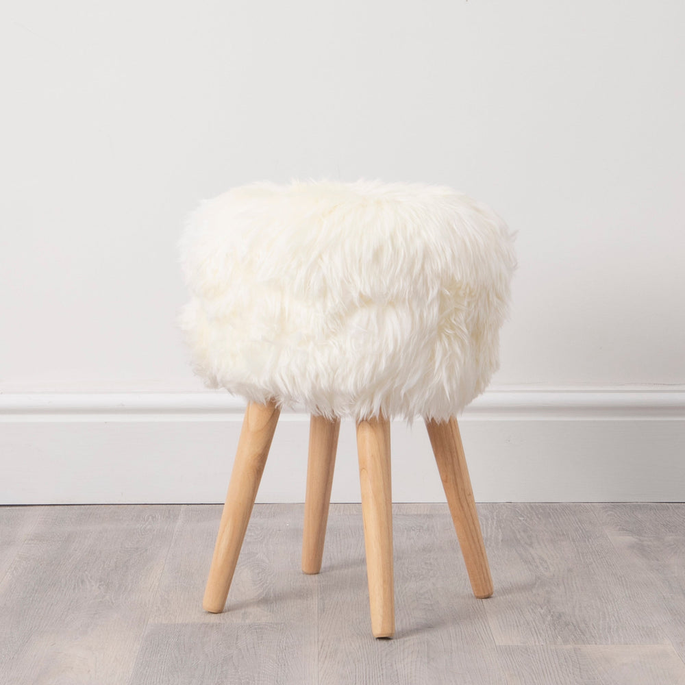 Natural White Sheepskin Wood Stool - Light Wood