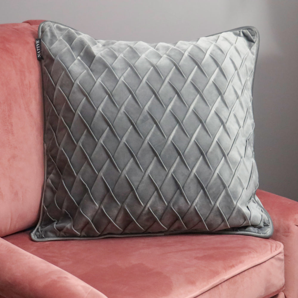 Diamond Pattern Grey Velvet Cushion - Feather Filled