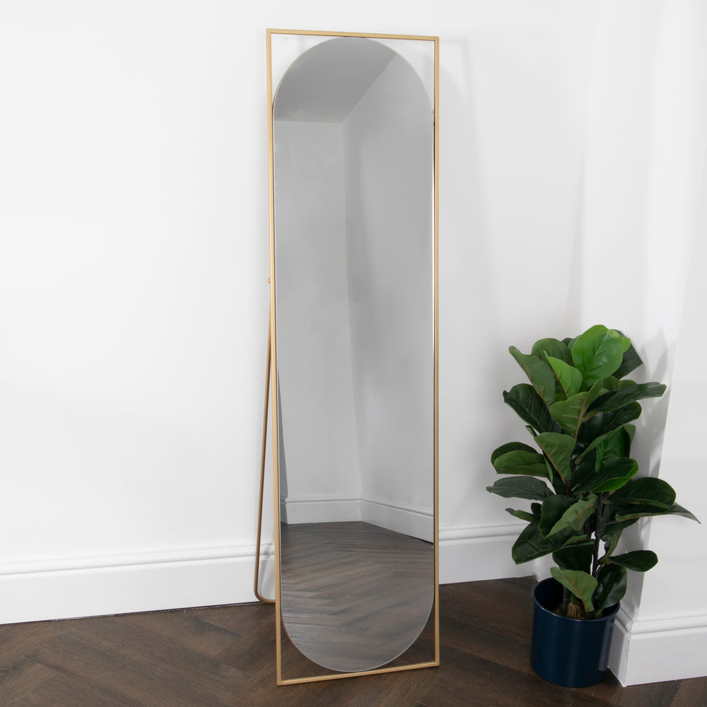 Gold Floor Standing Mirror with Rounded Detail