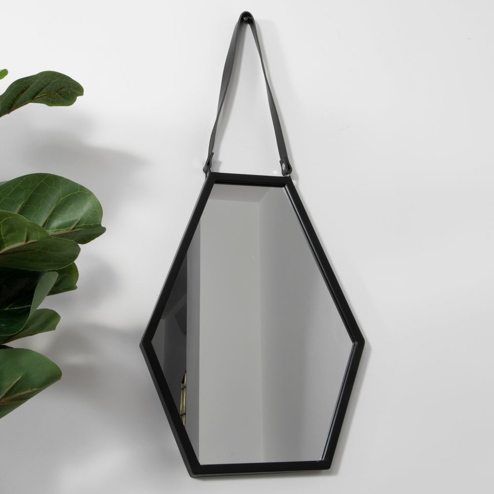Hexagon Black Metal Mirror with Leather Strap