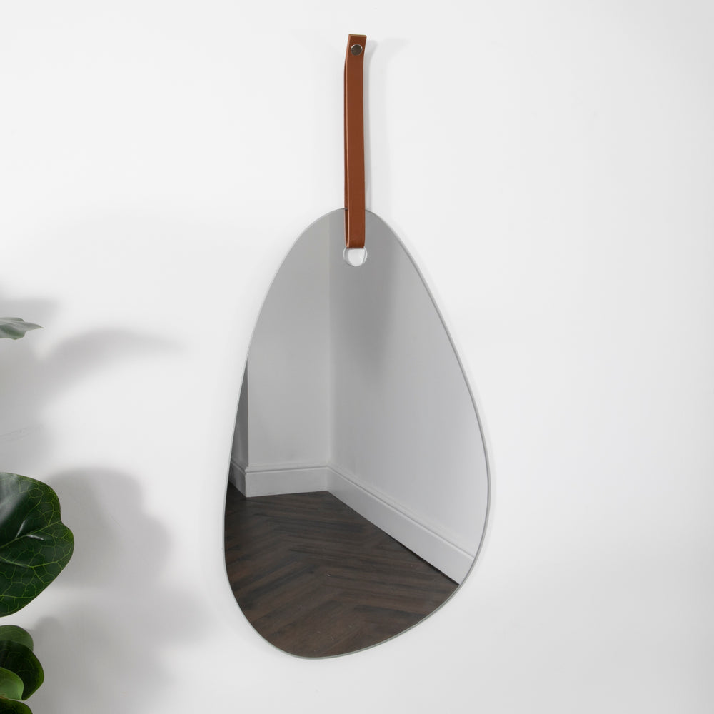 Pebble Shaped Mirror with Brown Leather Hanging Strap