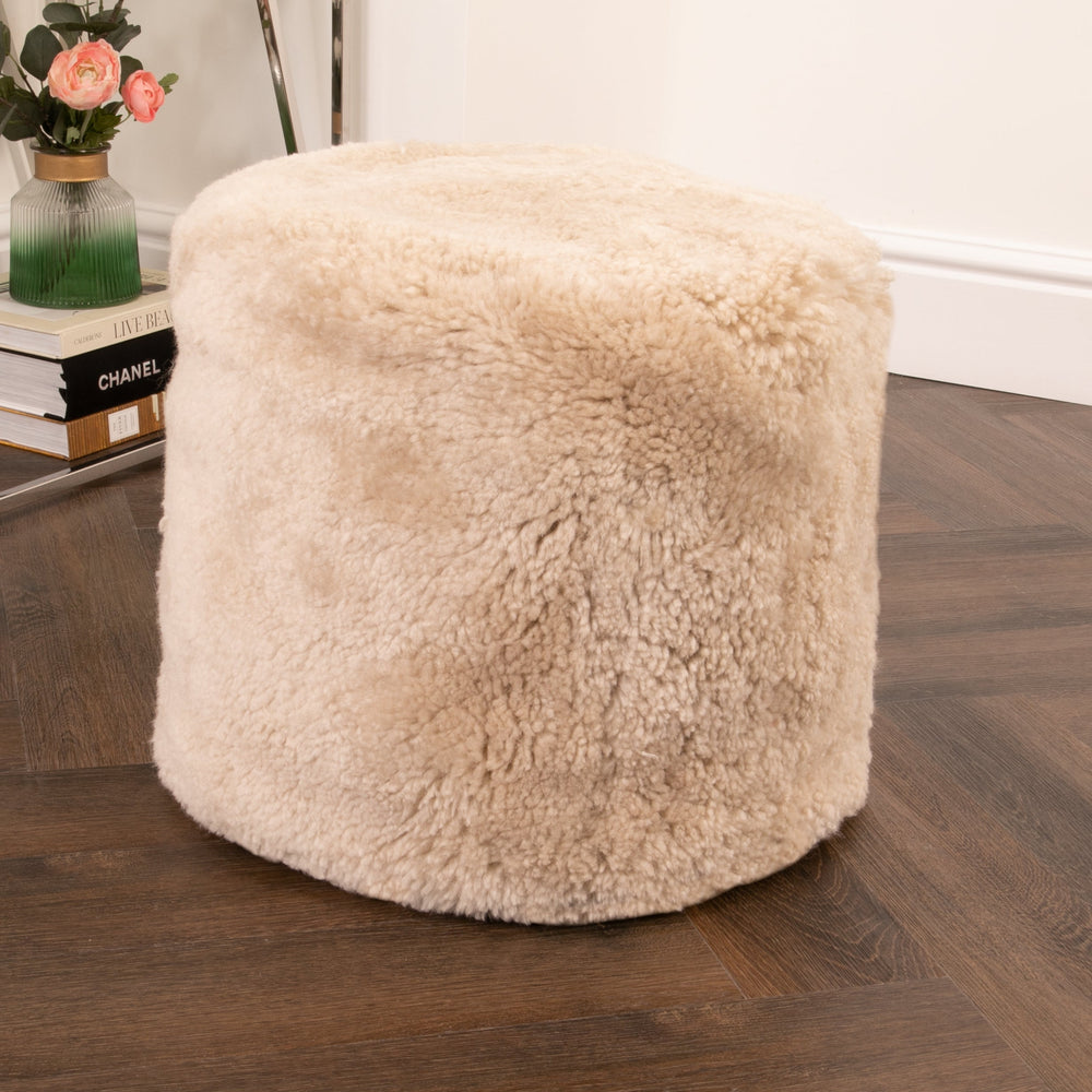 Beige Short Pile Sheepskin Pouf