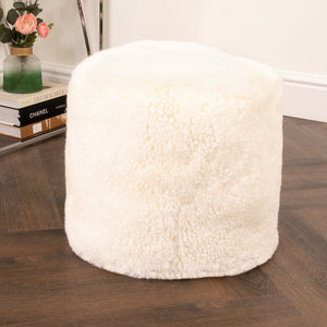 Ivory Short Pile Sheepskin Pouf