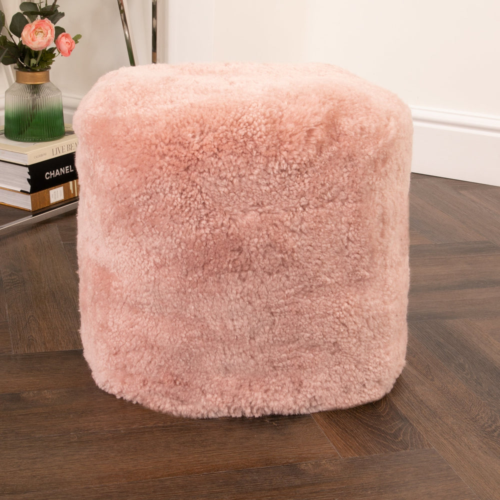 Pink Short Pile Sheepskin Pouf