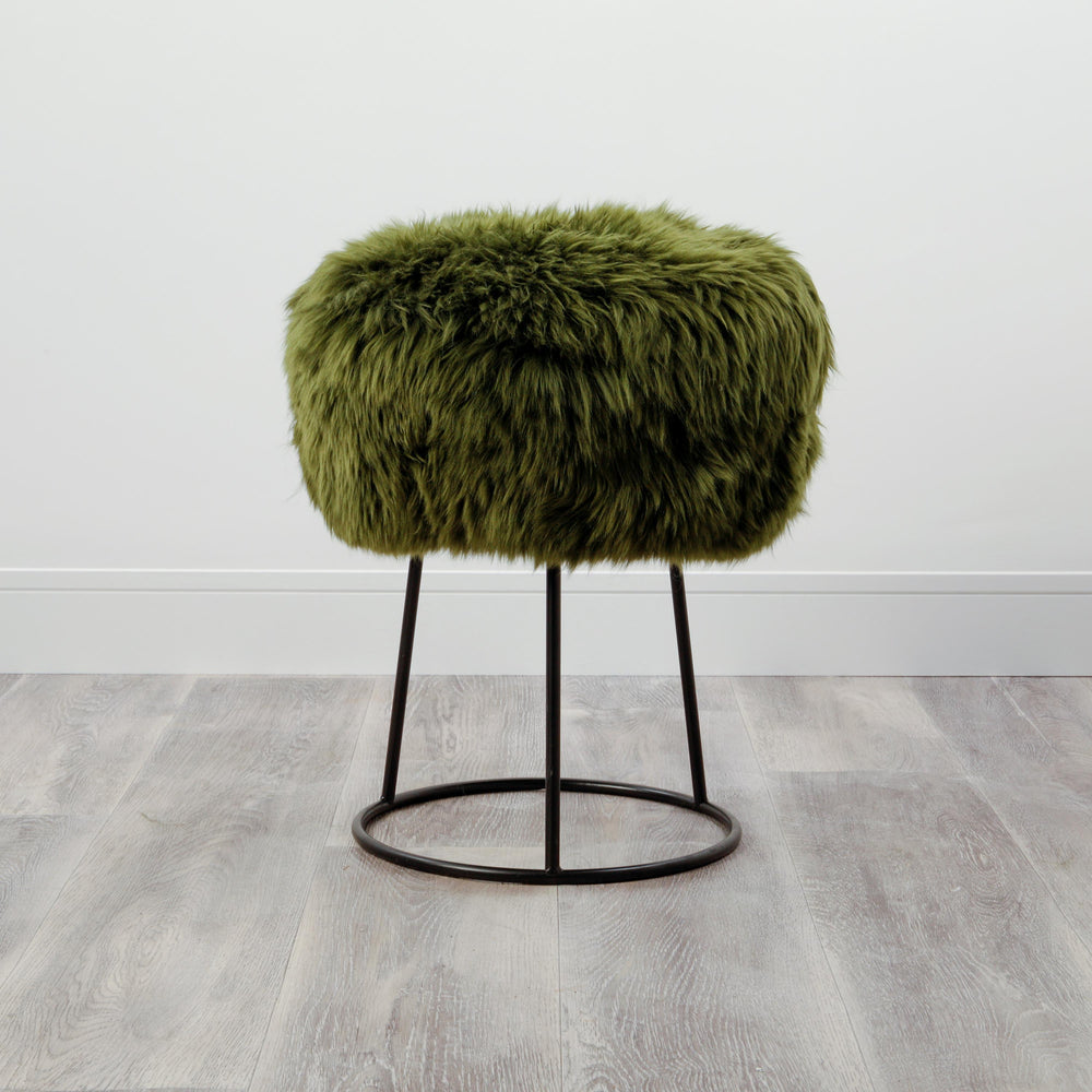 Olive Green Metal Sheepskin Stool