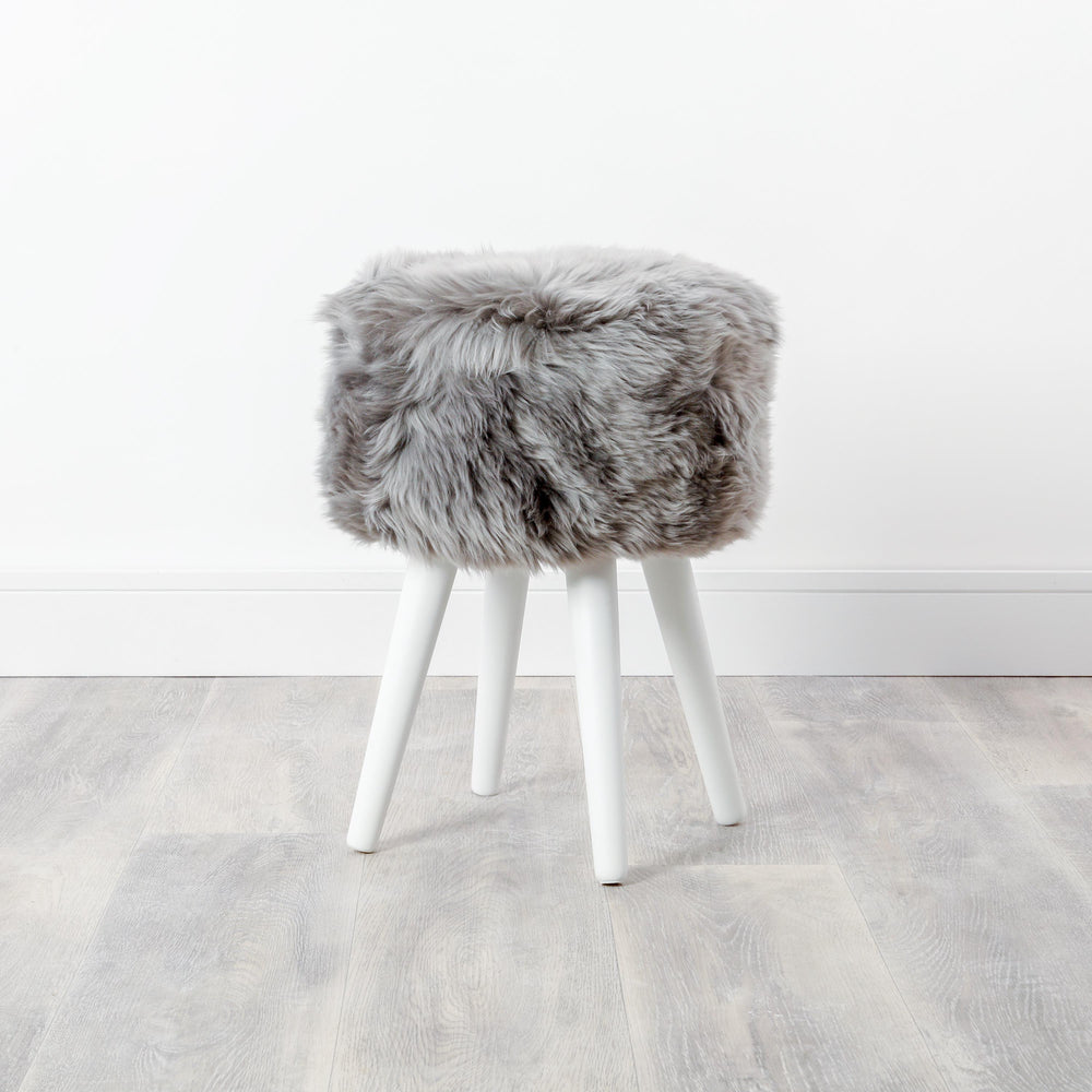 Grey Sheepskin Wood Stool - White