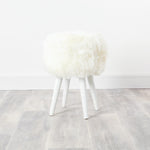 Natural White Sheepskin Wood Stool - White