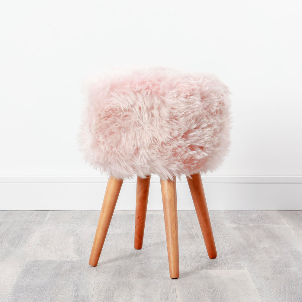 Blush Pink Sheepskin Wood Stool - Woodstain